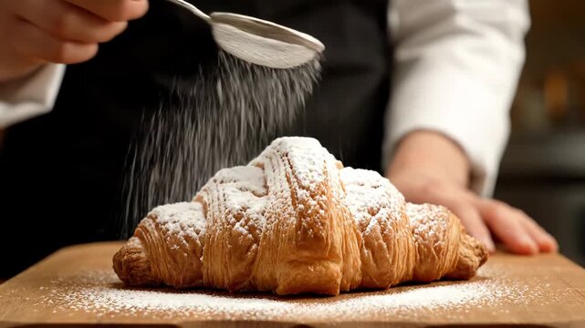 A chef's hand delicately sprinkles powdered sugar onto a freshly baked golden croissant.