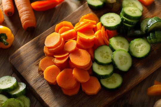Freshly sliced carrots and cucumbers arranged on a wooden cutting board, perfect for a healthy snack or salad preparation, with vibrant colors and natural light.