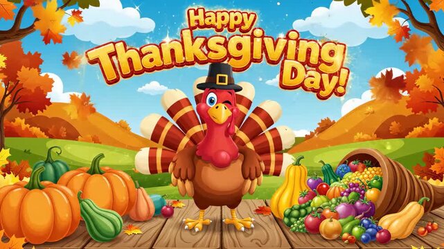 A cartoon turkey in a pilgrim hat celebrates Thanksgiving with a bountiful harvest of pumpkins and a cornucopia.