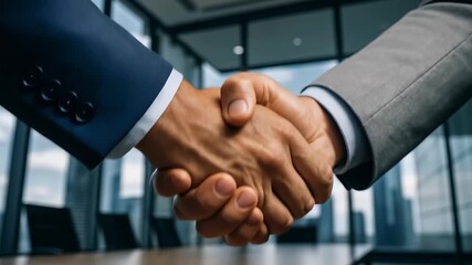 Two men in business suits shaking hands, successful deal or partnership in corporate setting. Handshake between two individuals in formal attire, trust and agreement in professional environment - Powered by Adobe