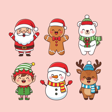 Cute Christmas character set featuring Santa, gingerbread man, polar bear, snowman, elf, and reindeer in festive outfits. Perfect for holiday cards, stickers, decorations, and winter designs.