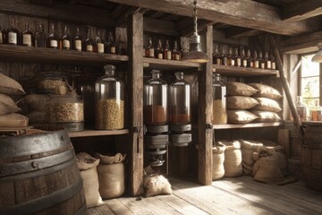 The rustic interior of an old-fashioned apothecary with shelves of herbs, grains and bottles, illuminated by natural light, capturing a nostalgic and artisanal ambiance.