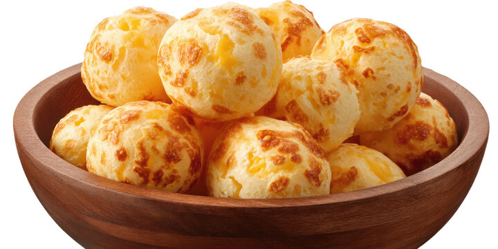 Wooden bowl full of appetizing brazilian P&atilde;o de Queijo cheese bread snack