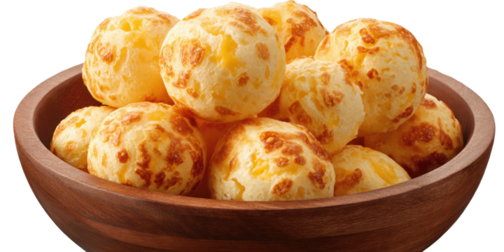 Wooden bowl full of appetizing brazilian Pão de Queijo cheese bread snack