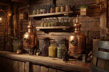 Artisanal distillery scene featuring copper stills, jars of ingredients, and rustic wooden shelves, creating a vintage and cozy atmosphere reminiscent of traditional craftsmanship.
