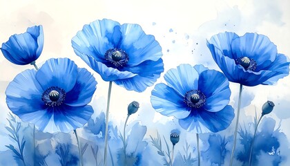Blue watercolor poppies in a dreamy garden setting, softly blended