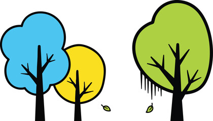 Simple Cartoon Style Illustration of Three Trees With Blue Yellow Green Foliage and Falling Leaves On White Background