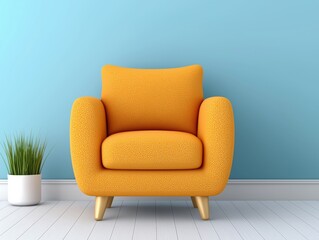 Fototapeta premium Bright orange armchair with textured upholstery, positioned against a soft blue wall, accompanied by a small potted plant, creating a cozy and inviting living space atmosphere