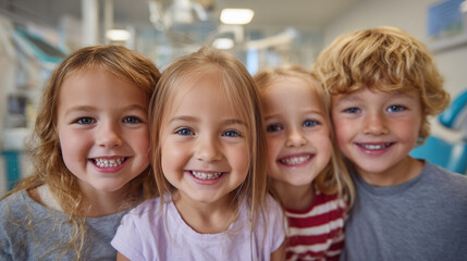 Happy children smiling together in bright dental clinic environment