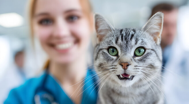 smiling female nurse poses with a grey tabby cat in a veterinary hospital while a male doctor works in the blurred background, capturing compassion, professional care