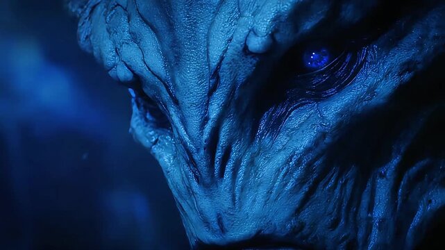 Alien Creature with blue Eyes Stares into Darkness.