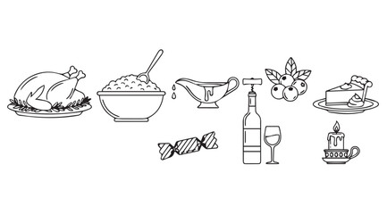 Hand drawn silhouette illustrations of a thanksgiving dinner feast and festive elements
