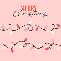 Cute simple Christmas greeting card with garland lights. Festive colorful holiday decoration. Perfect for cards, invitations, posters, home decor, and seasonal design. Flat vector illustration