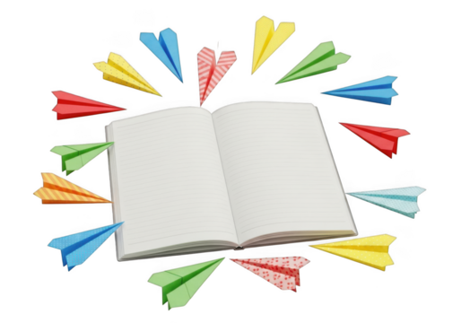 Blank open book surrounded by colorful paper airplanes symbolizing imagination and learning