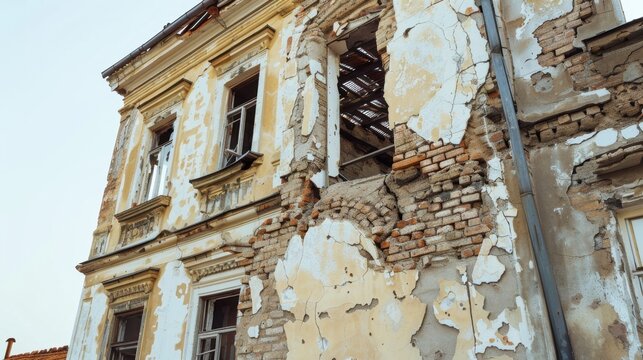 An old, dilapidated building with peeling paint and exposed bricks. Windows are broken, and the structure shows signs of neglect and decay.
