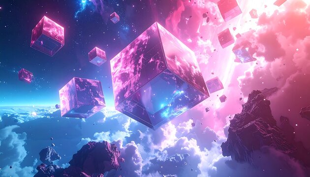 Abstract image showing cubes in a cloudy, colorful space with pink and blue gradients and floating rock fragments