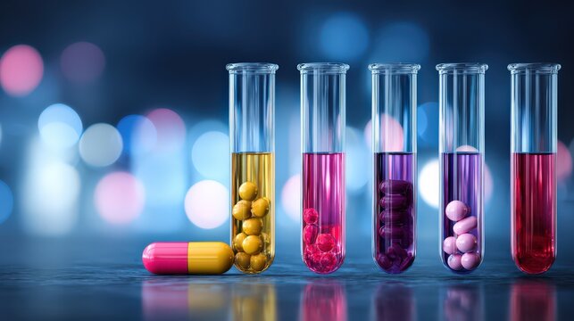 Multiple laboratory test tubes display colorful solutions containing various pharmaceutical dosage forms
