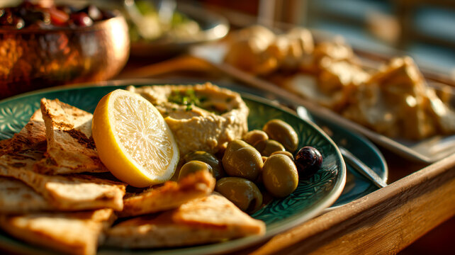 Close-up of a vibrant plate filled with fresh hummus, olives, pita bread, and lemon, creating an inviting Mediterranean appetizer spread. - Powered by Adobe