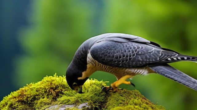 A peregrine falcon perched on a rock with vibrant green moss in the background, showcasing its striking brown and white plumage.