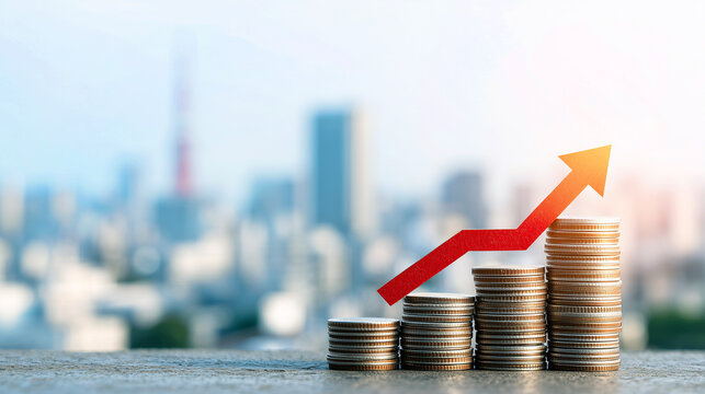 日本の物価高騰のイメージ：積み上がるコインと上昇する赤い矢印のグラフ（ビジネス・経済・価格高騰・値上げ）