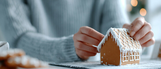 A person is decorating a gingerbread house with white icing on top and sides, in front of blurred lights