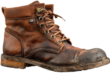 Distressed Brown Leather Work Boot with Mud on Transparent Backdrop