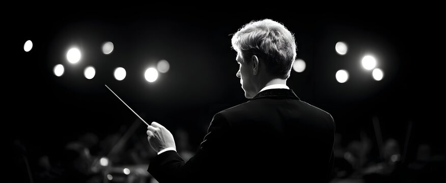 The orchestra conductor passionately directing skilled musicians in a vibrant live performance.