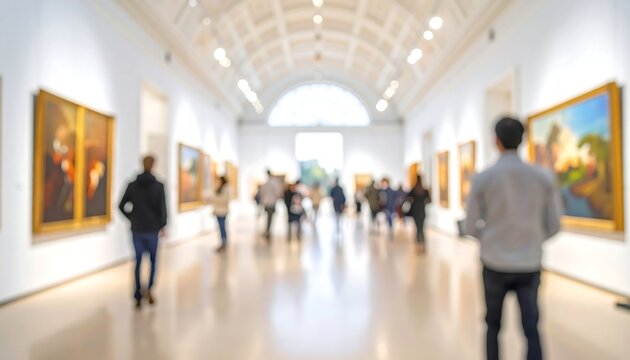Blurry image of people in an art gallery with paintings on the wall and natural light coming in