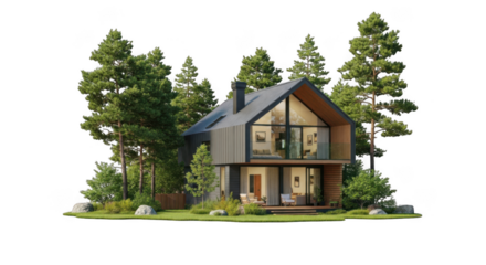Modern forest house architecture featuring large windows and natural wood elements