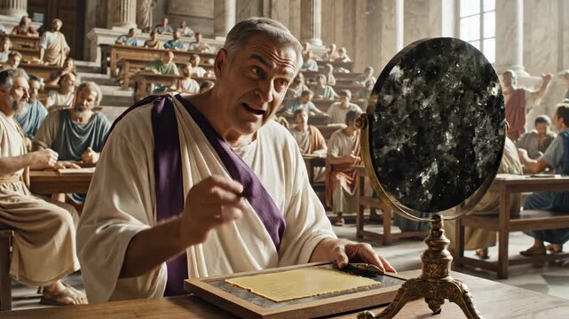 Roman senator meticulously inscribing a historical document while attending a legislative session, capturing the essence of education, debate, and the foundations of law and governance in antiquity