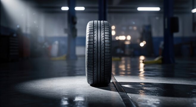 High-Performance All-Season Tire Displayed in Automotive Workshop Under Spotlight
