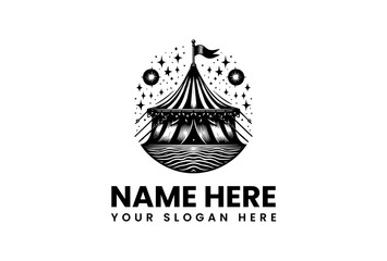 Black and white vintage circus tent vector logo illustration with stars and flag