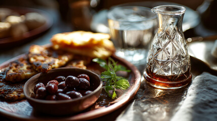 A culinary still life featuring a bowl of dark olives, grilled bread, and a crystal decanter, bathed in sunlight, evoking a rustic charm. 