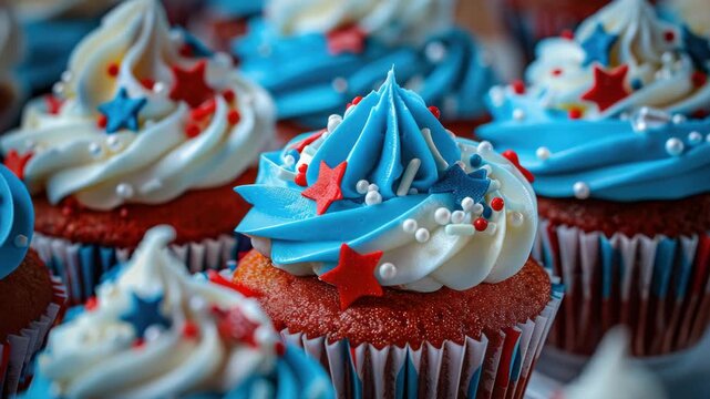 A close-up view of red, white, and blue cupcakes with star decorations, perfect for a Fourth of July party or other patriotic event.
