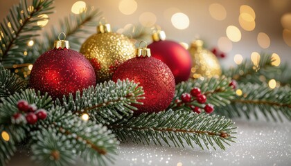 Christmas ornaments and pine branches with golden and red decorations  