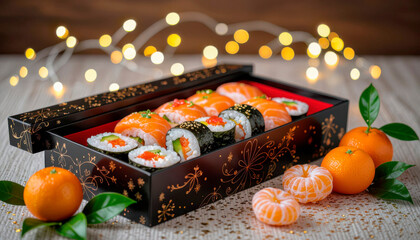 Fresh sushi rolls in decorative box with tangerines and lights  