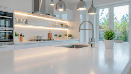 Modern kitchen interior with white cabinets and natural lighting  