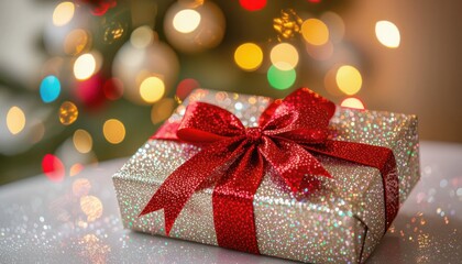 Christmas gift box with red ribbon on table near decorated tree  