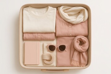 Minimalist Travel Essentials: A meticulously arranged collection of travel essentials in a neutral color palette. This inviting scene captures the essence of prepared journeys.