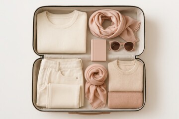 Packing for Adventure: A neatly organized suitcase, showcasing a curated collection of travel essentials in neutral tones.