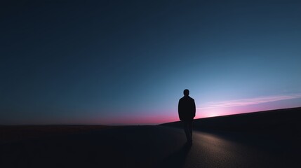 Quiet evening walk at dusk on a deserted road with a person silhouetted against the horizon