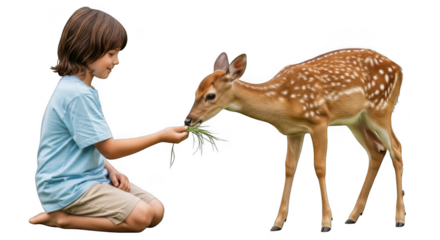 Young boy gently feeding a fawn with leaves in a moment of connection