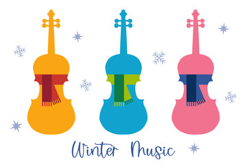 Colorful violin,viola,cello.Clipart flat design. Instrument orchestra string fiddle music isolate background.Design for happy holiday decorate,festival,new year, winter, Christmas,party,celebration