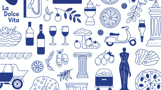 A seamless pattern design in royal blue ink on a white background featuring Mediterranean and Italian food and culture elements. 