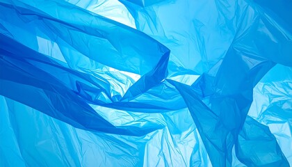 Abstract close-up of crumpled, translucent blue plastic bags creates a textured, light-filled composition
