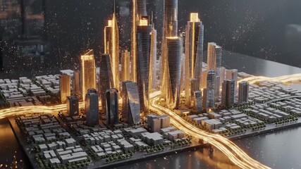Futuristic smart city model with glowing data particles and energy flows weaving between modern skyscrapers, visualizing digital connectivity, infrastructure and urban growth - Powered by Adobe