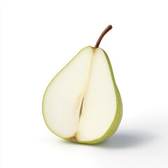 A fresh green pear cut in half, highlighting its textured skin and succulent flesh with visible seeds, isolated on a white background