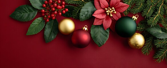 Fototapeta premium Christmas ornaments and festive decorations set on a cheerful holiday backdrop