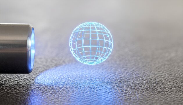Futuristic holographic sphere projection with dynamic blue light perfect for modern technology concepts or abstract design visuals, glowing and ethereal