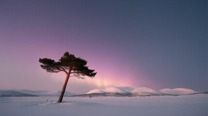 breathtaking snowy landscape featuring solitary pine tree under mesmerizing northern lights